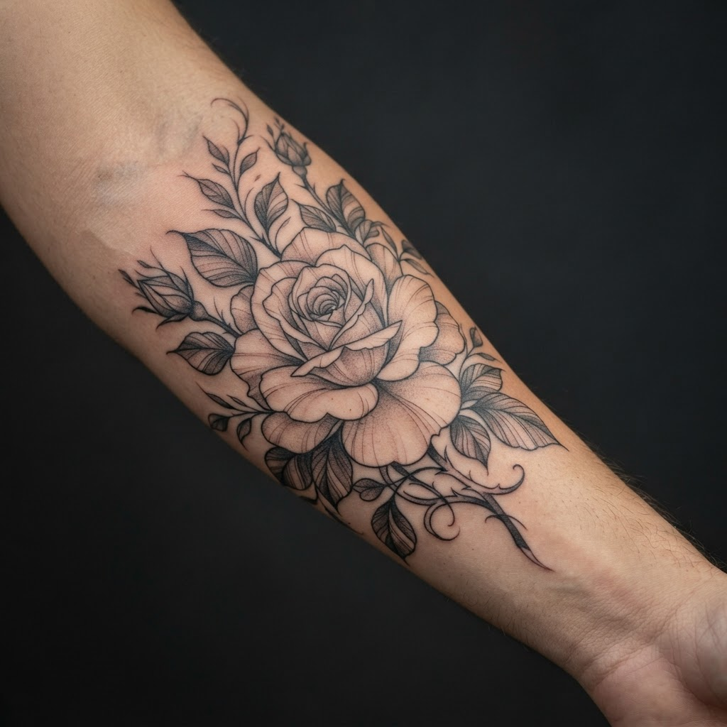 Black and grey floral rose tattoo on a forearm