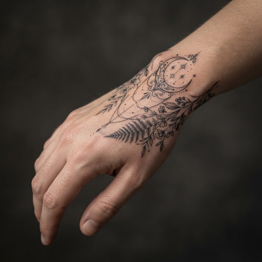 Fine-line black ink hand tattoo