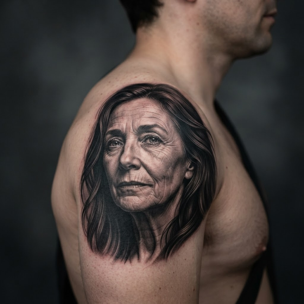 Black and grey realism portrait tattoo on a shoulder