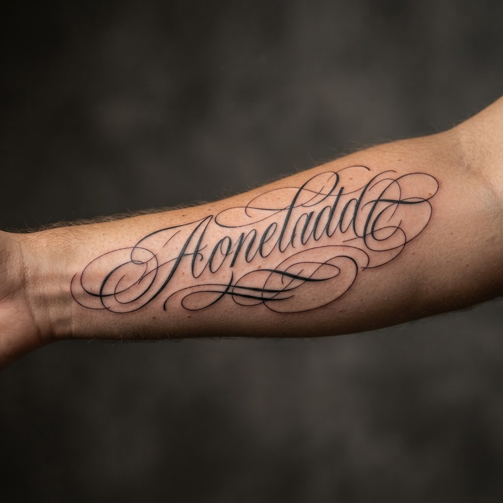 Custom black script lettering tattoo on a forearm
