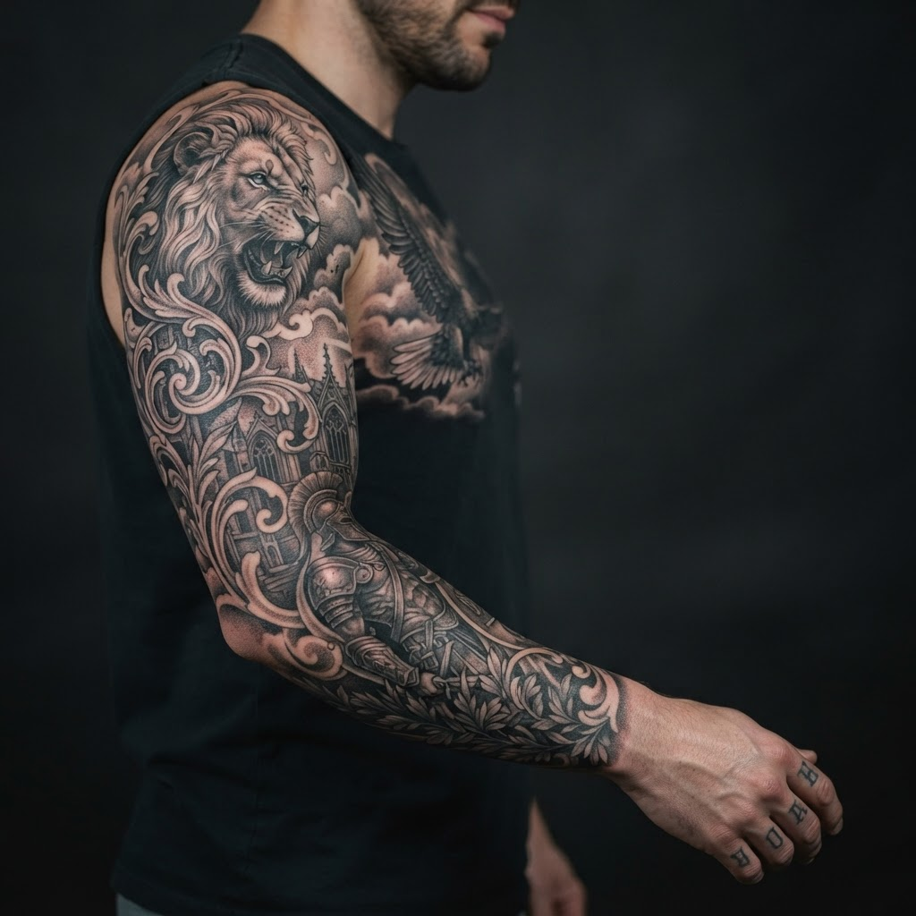 Detailed black and grey full-sleeve tattoo